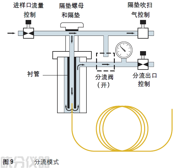 典型的分流/不分流进样口的分流模式。
